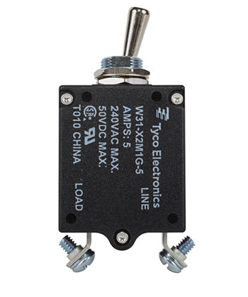 W31X2M1G-5/5 AMP CIRCUIT BREAKER/5 AMP, AC: 240V, DC: 50V, 50 VDC, panel mount, 1 pole, toggle actuator, silver, screw termination. Height: 35.15 mm Length: 40.64 mm Width: 17.53 mm