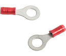 RING TERMINAL/1/4 inch, 6.35 mm stud/tab size, female, insulated, red, tin plating, copper material, nylon insulation, 300 VAC. PIDG series. For use with 22-16 gauge wire.