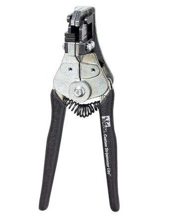 CUSTOM STRIPMASTER LITE WIRE STRIPPER with GRIT PAD/16-22 AWG. Die-type blades. Strips solid or stranded wire. Contains counterbored hole sized to insulation and inner stripping hole sized to conductor.