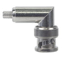 BNC CONNECTOR/Male, right angle, silver plated, gold contacts, dual crimp, 50 Ohms, 4 GHz. For use with RG-142, RG-142A, RG-142B. ROHS compliant.