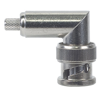 BNC CONNECTOR/Male, right angle, silver plated, gold contacts, dual crimp, 50 Ohms, 4 GHz. For use with RG-142, RG-142A, RG-142B. ROHS compliant.