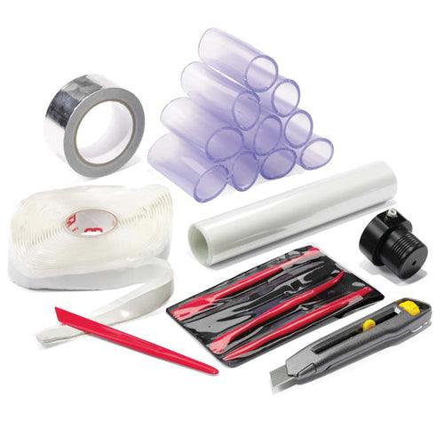 INJECTION FIX KIT/For injecting tracer gas to leaks on uneven surfaces. Includes: 1 ea injection plug (40mm), 1 ea cutter, 10 ea PVC tubes (40mm), 1 ea sealant tape, 1ea aluminum tape, 1 ea modeling tools, and 1 ea mylar film. 