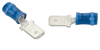 TAB/Male, insulated, blue, PIDG series. Stud/tab size: 6.35 mm X .81 mm. For use with 16-14 gauge wire. 