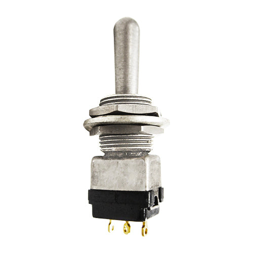 TOGGLE SWITCH/Miniature positive action, solder lug terminals, single pole , NONE-ON-ON, momentary.