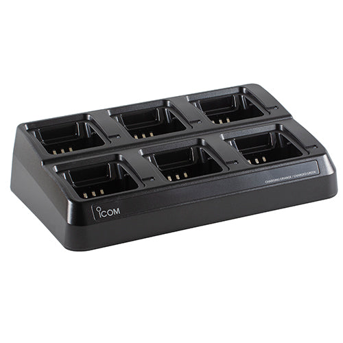 Six unit charger for radios with the BP232 N/H Li-Ion battery. Iincludes AC adapter and cups installed; 100-240V with US style plug. For use with IC-A14 21. 