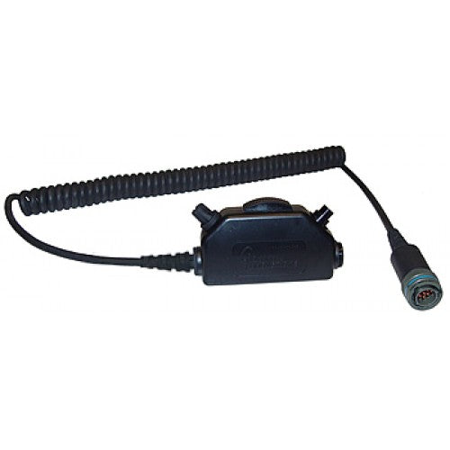 SWITCH and CABLE ASSEMBLY/Black case with large clothing clip, TJT-120 jack, momentary lock mic interrupt slide switch and 6' coil cable with T-120 MS3116A-10-6P, wiring option 1.