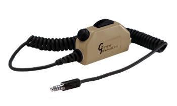SWITCH and CABLE ASSEMBLY/Black case with large clothing clip, general aviation jacks, ICS key PTT (push-to-talk) switch with mic LO interrupt and 25' straight cable with general aviation plugs. 