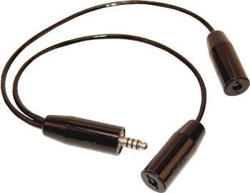 HEADSET ADAPTER CABLE/Dual Helicopter Y Adapter. Single helicopter radio or intercom jack used by two headsets. 1 foot in length.