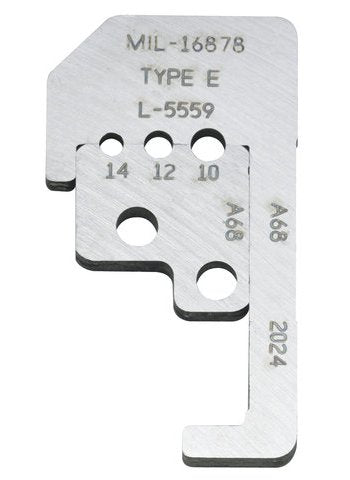 CUSTOM STRIPMASTER BLADE SET/For 45-176. 10-14 AWG wire, E M16878 600V. Contains counterbored hole sized to insulation and inner stripping hole sized to conductor. Special blade configuration for specific applications.