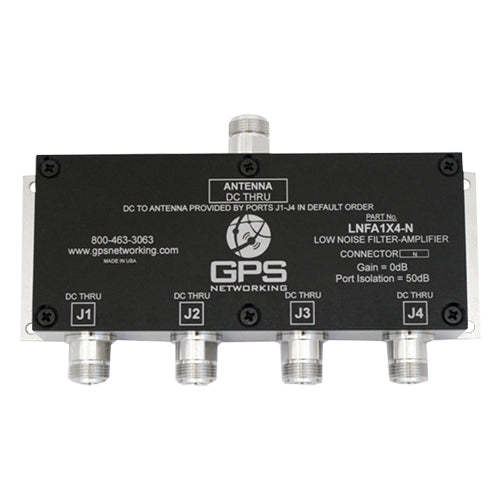 GPS SPLITTER / Low Noise Filtered Amplified GPS Splitter is a one input, four output device with 0dB nominal gain. Connector TNC.  