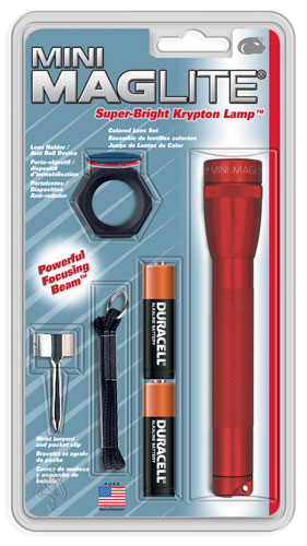 MINI MAG-LITE COMBO PACK/Red, includes: flashlight, pocket clip, lanyard wrist strap, lens holder, red, blue and clear lenses, and 2ea AA cell premium alkaline batteries.