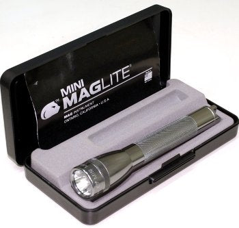 MINI MAG-LITE FLASHLIGHT PRESENTATION BOX/Gray Pewter, includes: flashlight and 2 ea AA alkaline batteries.