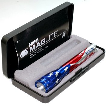 MINI MAG-LITE FLASHLIGHT PRESENTATION BOX/Flag-Lite, includes: flashlight and 2 ea AA alkaline batteries.