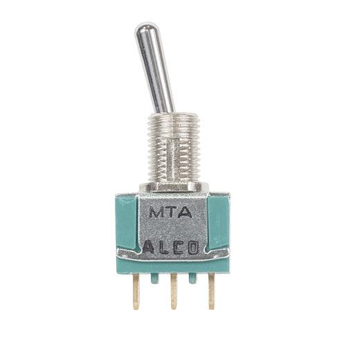 TOGGLE SWITCH/SPDT (single pole double throw), ON-NONE-ON, hole mount, terminal seal, gold flash over silver plating. 