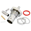 BNC FEMALE BULKHEAD MOUNT CONNECTOR CRIMP/Solder, 75 Ohm, .480 D mounting hole. For use with RG179, RG187.