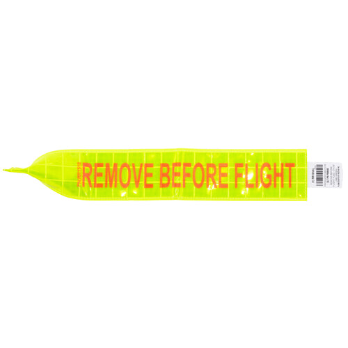 REMOVE BEFORE FLIGHT BANNER/Lime Green reflective tag, 3 X 18, digitally printed orange lettering