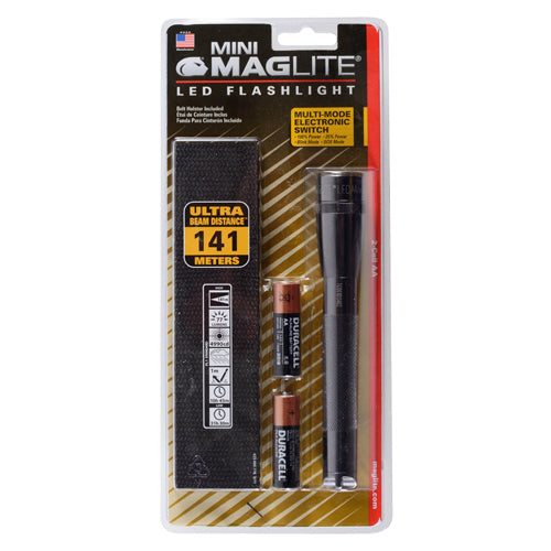 MINI MAG-LITE LED FLASHLIGHT/Gray, includes: flashlight, polypropylene holster and 2 AA alkaline batteries.
