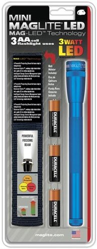 MINI MAG-LITE LED FLASHLIGHT/Blue, includes: flashlight, polypropylene holster and 3 AA alkaline batteries.