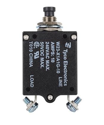W23X1A1G-10 CIRCUIT BREAKER/10 AMP, AC: 240V, DC: 50V, 50 VDC, panel mount, 1 pole, push button actuator, black, screw termination. Height: 35.15 mm Length: 40.64 mm Width: 17.53 mm