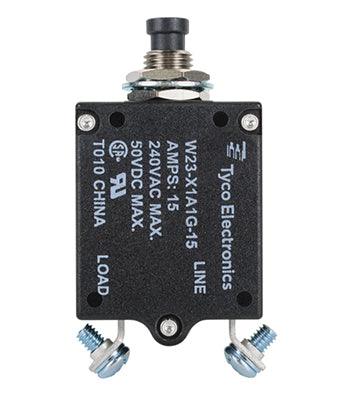 W23-X1A1G-15/15 AMP CIRCUIT BREAKER/AC: 240V, DC: 50V, 50 VDC, panel mount, 1 pole, push button actuator, black, screw termination. Height: 35.15 mm Length: 40.64 mm Width: 17.53 mm