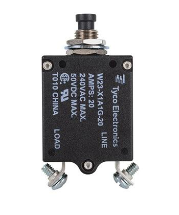 W23-X1A1G-20 CIRCUIT BREAKER/20 AMP, AC: 240V, DC: 50V, 50 VDC, panel mount, 1 pole, push button actuator, black, screw termination. Height: 35.15 mm Length: 40.64 mm Width: 17.53 mm