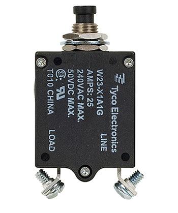 W23X1A1G-25 CIRCUIT BREAKER/25 AMP, AC: 240V, DC: 50V, 50 VDC, panel mount, 1 pole, push button actuator, black, screw termination. Height: 35.15 mm Length: 40.64 mm Width: 17.53 mm