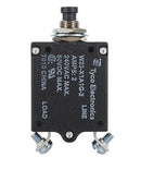 W23X1A1G-2 CIRCUIT BREAKER/2 AMP, AC: 240V, DC: 50V, 50 VDC, panel mount, 1 pole, push button actuator, black, screw termination. Height: 35.15 mm Length: 40.64 mm Width: 17.53 mm