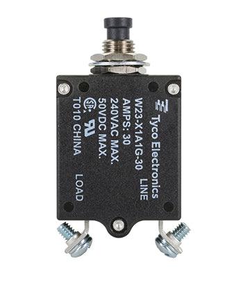 W23-X1A1G-30 CIRCUIT BREAKER/30 AMP, AC: 240V, DC: 50V, 50 VDC, panel mount, 1 pole, push button actuator, black, screw termination. Height: 35.15 mm Length: 40.64 mm Width: 17.53 mm