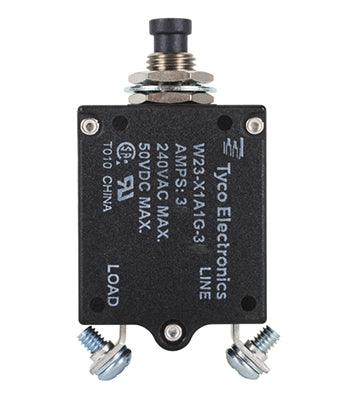 W23X1A1G-3 CIRCUIT BREAKER/3 AMP, AC: 240V, DC: 50V, 50 VDC, panel mount, 1 pole, push button termination, black, screw termination. Height: 35.15 mm Length: 40.64 mm Width: 17.53 mm 