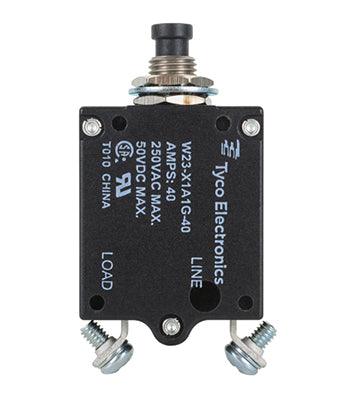 W23-X1A1G-40 CIRCUIT BREAKER/40 AMP, AC: 240V, DC: 50V, 50 VDC, panel mount, 1 pole, push button actuator, black, screw termination. Height: 35.15 mm Length: 40.64 mm Width: 17.53 mm