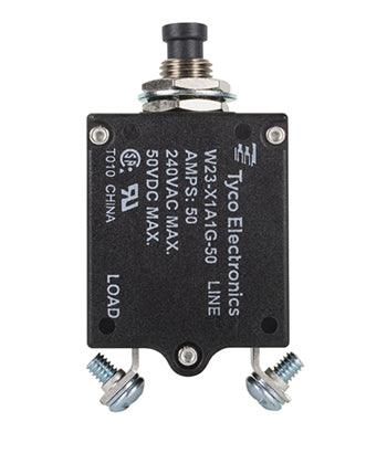 W23-X1A1G-50 CIRCUIT BREAKER/50 AMP, AC: 240V, DC: 50V, 50 VDC, panel mount, 1 pole, push button actuator, black, screw termination. Height: 35.15 mm Length: 40.64 mm Width: 17.53 mm