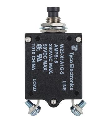 W23X1A1G-5 CIRCUIT BREAKER/5 AMP, AC: 240V, DC: 50V, 50 VDC, panel mount, 1 pole, push button actuator, black, screw termination. Height: 35.15 mm Length: 40.64 mm Width: 17.53 mm