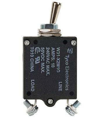 W31X2M1G-10 CIRCUIT BREAKER/10 AMP, AC: 240V, DC: 50V, 50 VDC, panel mount, 1 pole, toggle actuator, silver, screw termination. Height: 35.15 mm Length: 40.64 mm Width: 17.53 mm