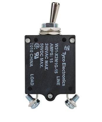 W31X2M1G-15 CIRCUIT BREAKER/15 AMP, AC: 240V, DC: 50V, 50 VDC, panel mount, 1 pole, toggle actuator, silver, screw termination. Height: 35.15 mm Length: 40.64 mm Width: 17.53 mm