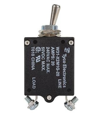 W31X2M1G-20 CIRCUIT BREAKER/20 AMP, AC: 240V, DC: 50V, 50 VDC, panel mount, 1 pole, toggle actuator, silver, screw termination. Height: 35.15 mm Length: 40.64 mm Width: 17.53 mm
