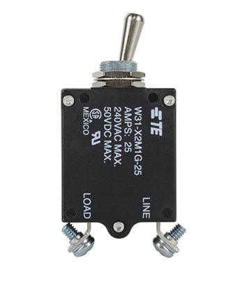 W31X2M1G-25 CIRCUIT BREAKER/25 AMP, AC: 240V, DC: 50V, 50 VDC, panel mount, 1 pole, toggle actuator, silver, screw termination. Height: 35.15 mm Length: 40.64 mm Width: 17.53 mm