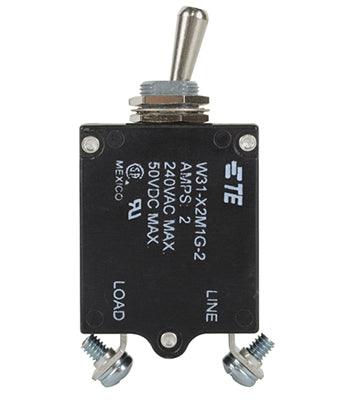 W31X2M1G-2 CIRCUIT BREAKER/2 AMP, AC: 240V, DC: 50V, 50 VDC, panel mount, 1 pole, toggle actuator, silver, screw termination. Height: 35.15 mm Length: 40.64 mm Width: 17.53 mm