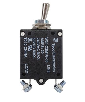 W31X2M1G-30 CIRCUIT BREAKER/30 AMP, AC: 240V, DC: 50V, 50 VDC, panel mount, 1 pole, toggle actuator, silver, screw termination. Height: 35.15 mm Length: 40.64 mm Width: 17.53 mm