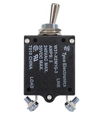 W31X2M1G-3 CIRCUIT BREAKER/3 AMP, AC: 240V, DC: 50V, 50 VDC, panel mount, 1 pole, toggle actuator, silver, screw termination. Height: 35.15 mm Length: 40.64 mm Width: 17.53 mm