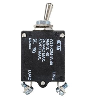 W31X2M1G-40 CIRCUIT BREAKER/40 AMP, AC: 240V, DC: 50V, 50 VDC, panel mount, 1 pole, toggle actuator, silver, screw termination. Height: 35.15 mm Length: 40.64 mm Width: 17.53 mm