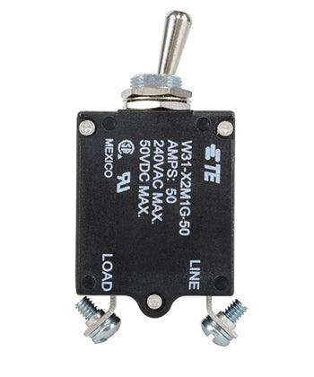 W31X2M1G-50 CIRCUIT BREAKER/50 AMP, AC: 240V, DC: 50V, 50 VDC, panel mount, 1 pole, toggle actuator, silver, screw termination. Height: 35.15 mm Length: 40.64 mm Width: 17.53 mm
