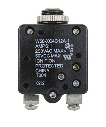 W58XC4C12A-1 CIRCUIT BREAKER/1 AMP, AC: 250V, DC: 50V, 250 VAC, panel mount, 1 pole, push button actuator, screw termination. Height: 34.93 mm Length: 34.93 mm Width: 16.76 mm