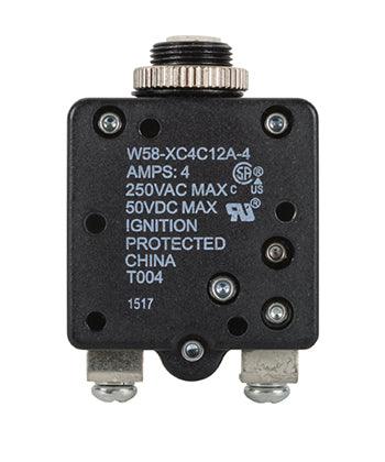 W58XC4C12A-4 CIRCUIT BREAKER/4 AMP, AC: 250V, DC: 50V, 250 VAC, panel mount, 1 pole, push button actuator, white, screw termination. Height: 34.93 mm Length: 34.93 mm Width: 16.76 mm